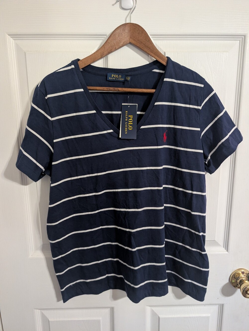 New Polo Ralph Lauren Womens Shirt Blue White Striped Short Sleeve V-Neck XL